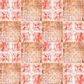 Red orange vintage worn retro geometric motif cement square mosaic tiles wallpaper with flower leaves print texture background Royalty Free Stock Photo