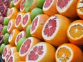 Red oranges and green apple in turkish fruit market