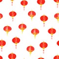 Red oriental lantern watercolor seamless vector pattern