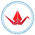 Red origami crane in a blue dotted circle symbol Royalty Free Stock Photo
