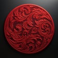 Red Ornate Carved Circular Element In 3d Rendering