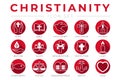 Red Outline Christianity Icon Set with Faith, Bible, Crucifixion , Baptism, Church, Resurrection, Holy Spirit, Saints,