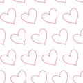Red outline hearts in diagonal alignment isolated in a white transparent seamless infinite pattern background.