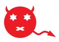 A red outline silhouette of a head with horns star eyes cross mouth and a demon tail white backdrop