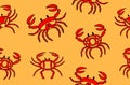 Red outlined colored crabs seamless textile pattern on white in different poses