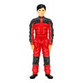 Red overalls racer icon cartoon vector. Work costume figure