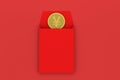 Red package with golden coin inside, red background, festive theme, 3d rendering Royalty Free Stock Photo