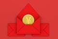 Red package with golden coin inside, red background, festive theme, 3d rendering Royalty Free Stock Photo