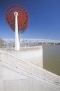 Red paddlewheel monument along Ohio River at Cincinnati, OH