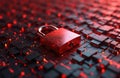 Red padlock on complex interlocking red block pattern. Metallic lock in center of digital circuit. Secure access point on tech Royalty Free Stock Photo