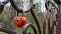 Red padlock metal love heart shaped lock on the bridge. The concept of love. Valentine`s day background Royalty Free Stock Photo