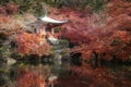 Red pagoda and red bridge with pond and color change maple trees in Daigoji temple in autumn season on November in Kyoto, Japan. Royalty Free Stock Photo