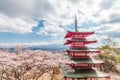 Red Pagoda and cherry blossom sakura in spring season with Mt F Royalty Free Stock Photo