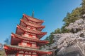 Red Pagoda with Mt Fuji on the background,Mt. Fuji with red pagoda in autumn, Fujiyoshida, Japan,Chureito Pagoda