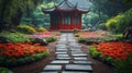 Red Pagoda Garden Path Flowers Stone Royalty Free Stock Photo