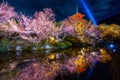 Red pagoda and Illumination at night in temple, Kyoto in Japan. Royalty Free Stock Photo