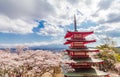 Red Pagoda with Mt Fuji on the background in cherry blossom sakura in spring season Royalty Free Stock Photo