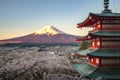 Red pagoda and red Fuji in morning time Royalty Free Stock Photo