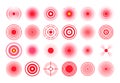 Red pain circle. Painful target mark, pain area circles and sore throat therapy remedy isolated vector set