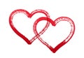Red paint outline hearts couple. Cute ink painted two hearts joined together