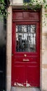 Red painted wooden door with reflective glass window protected by ornate metal gratings. Antique building entrance in Paris France Royalty Free Stock Photo