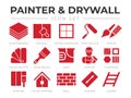 Red Painter and Drywall Icon Set with Plasterboard, Paint Roller, Brush, Painter Color Palette, Painting, Wall, Plaster, Ladder