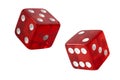 Red pair of casino dice rolled a seven with each die rolling a five and two isolated on white background with clipping path cutout