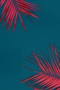 Red palm leaves with cyan background digital illustration, space for text