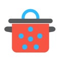 Red pan with blue spots vintage. Single flat icon on white background. Pot vector illustration.