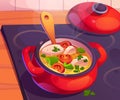 Red pan with vegetables soup on kitchen stove