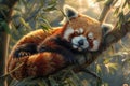 Red panda in bamboo tree photorealistic depiction with detailed textures under moonbeams