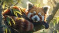 Red panda in bamboo tree, photorealistic scene with fluffy tail curled around body Royalty Free Stock Photo