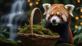 Adorable Red Panda Near Mossy Basket and Waterfall Royalty Free Stock Photo