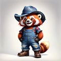 Red panda bear western hat work clothes happy face comic book character