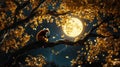 Red Panda Sitting on Tree Branch Under Full Moon, Autumn Leaves Royalty Free Stock Photo