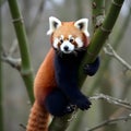 Red panda climbing bamboo in mountain forest Royalty Free Stock Photo