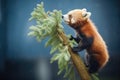 red panda climbing a pine tree