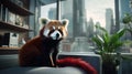 A red panda in a contemporary home, symbolizing the beauty of cohabiting with a unique creature.