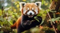 red panda contentedly munching on bamboo leaves