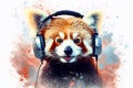 Red panda with headphones on his ears