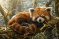 Red panda nestled in bamboo tree under moonlight, detailed photorealistic natural scene Royalty Free Stock Photo