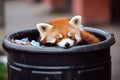 Red panda perched in a black trash can. Pollution, habitat loss. AI-generated.