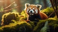 Red panda perched on a mossy branch in forest