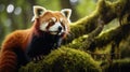 Red panda perched on a mossy branch in forest