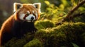 Red panda perched on a mossy branch in forest