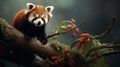 A red panda poised on a tree branch having red flowers Royalty Free Stock Photo