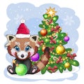 Red panda in santa hat with a ball near the christmas tree, cute character, christmas and new year greeting card, rare animals