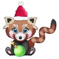 Red panda in santa hat with christmas tree ball, cute character, new year and christmas greeting card, rare animals