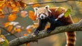 A red panda sits comfortably on a tree branch, surrounded by lush foliage, Ai Generated Royalty Free Stock Photo