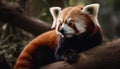Red panda sitting on bamboo, staring ahead generated by AI